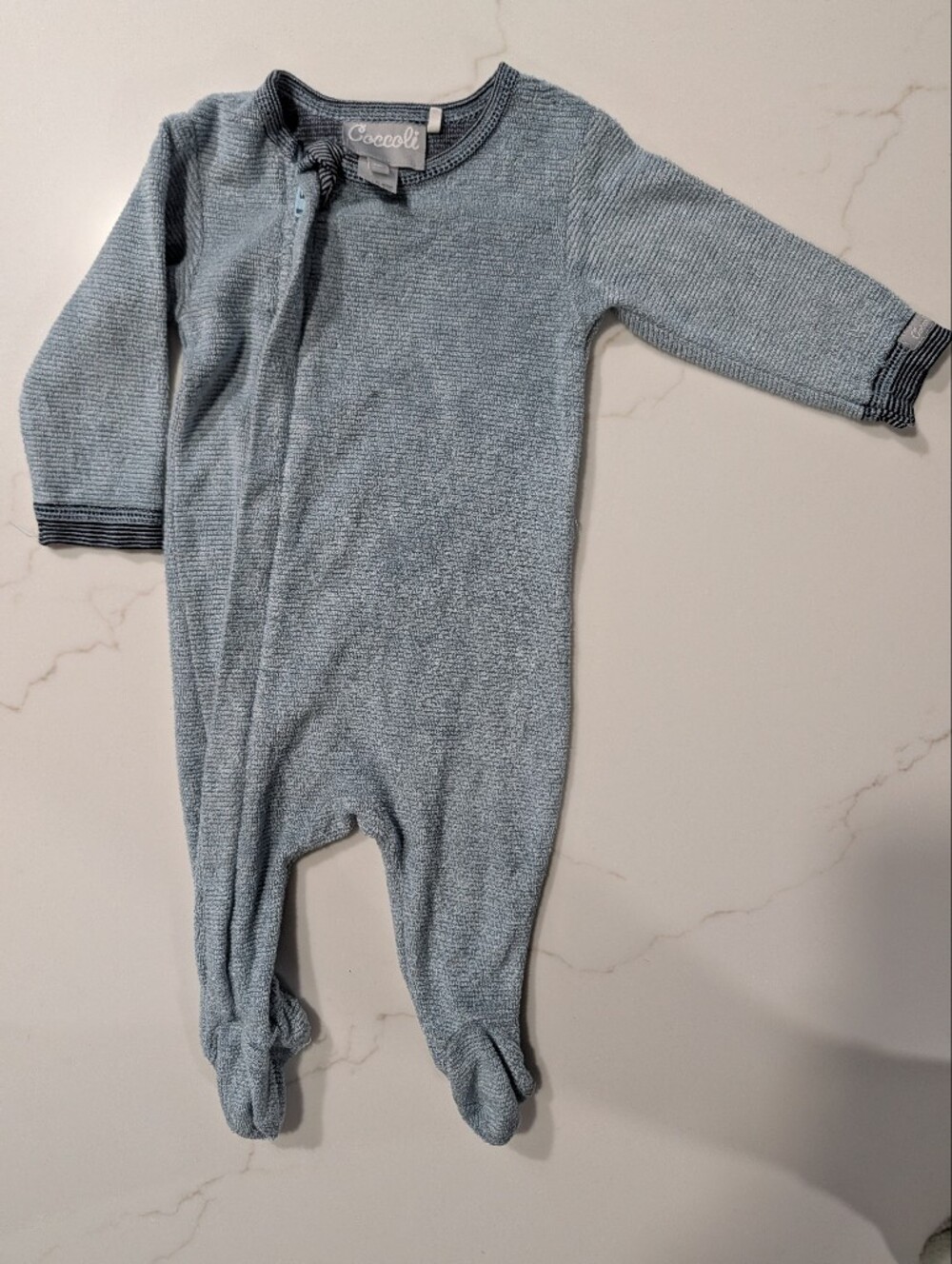 Coccoli Light Blue Knit Footed One-Piece with Dark Trim 3mo